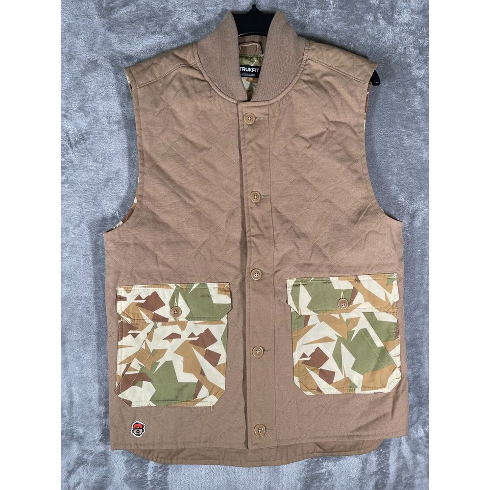 TRUKFIT Mens Button Front Lightweight Vest Coat Jacket Beige Medium Camo Pockets